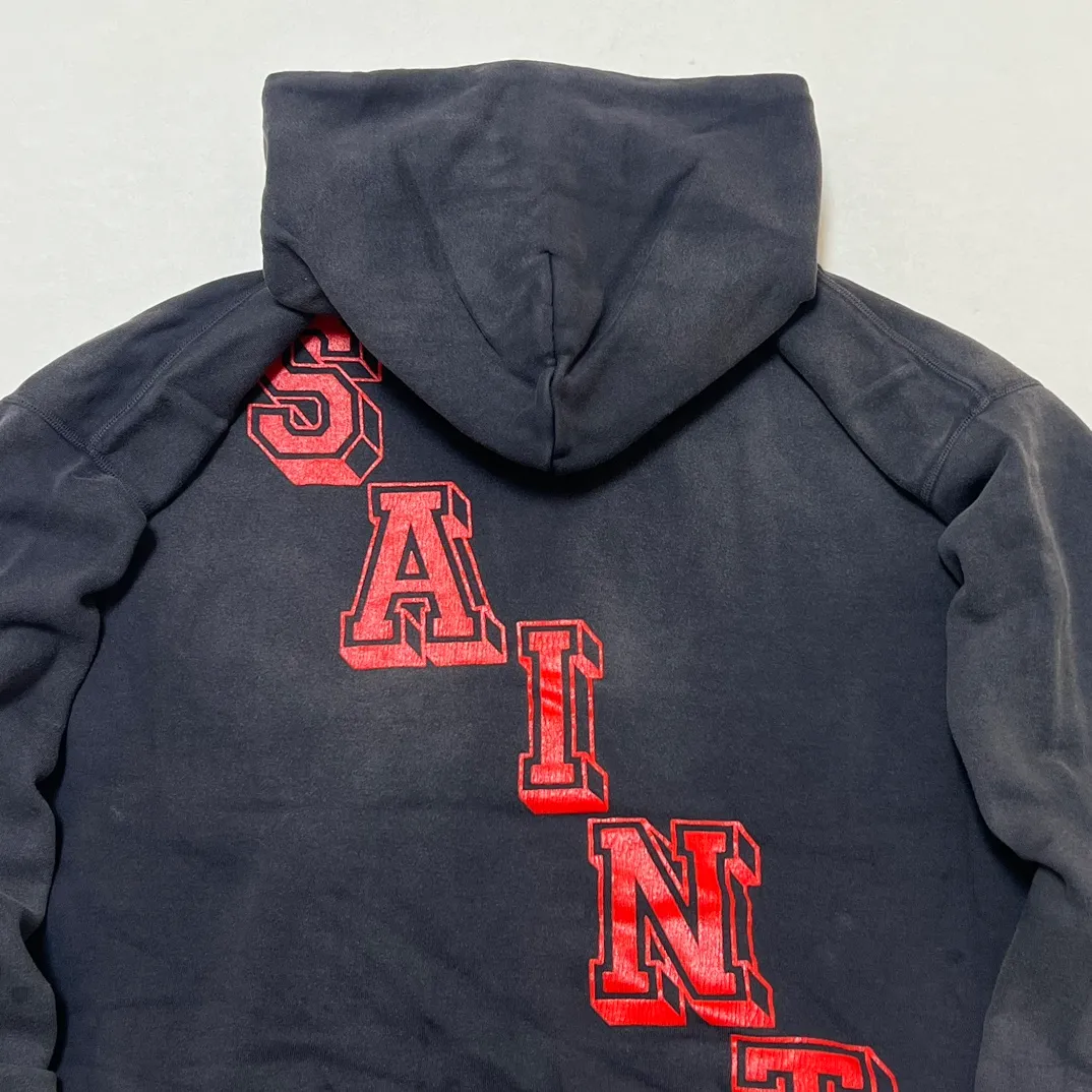 SAINT Mxxxxxx ANGEL HOODIE/BLK Angel Rebirth Crack Printed Retro Distressed Hoodie Assute dyeing, full-length spray-on fade, heavy fermentation wash, NEW VINTAGE texture, factory four-needle and six-thread workmanship, boneless patchwork, more comfortable to wear, genuine level crack print/accessories restored